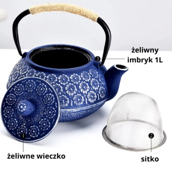 Żeliwny Imbryk, dzbanek 1000ml (niebieski z motywem kwiatu)